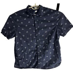 HM Shirt Men XL Blue White All Over Bird Short Sleeves Button Up 100% Cotton